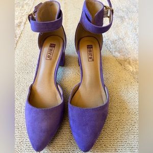 Lavender suede low block heels